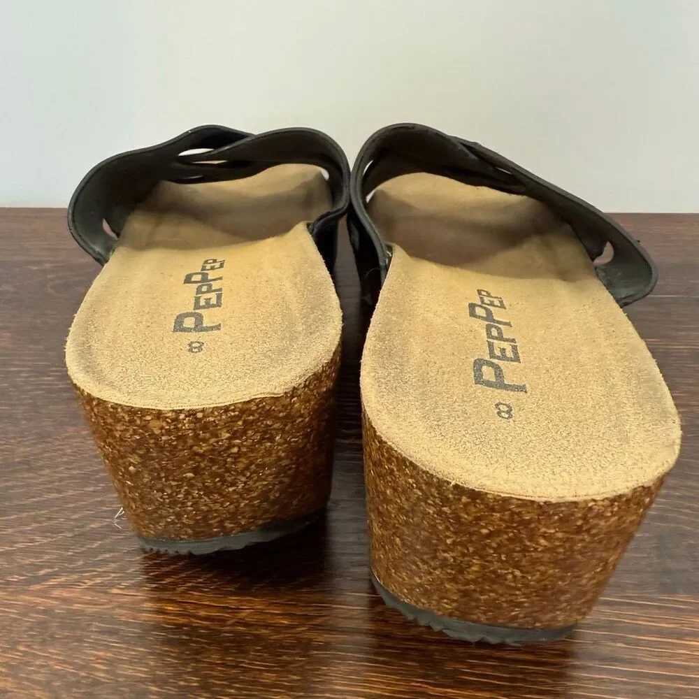 PepPep Womens black cork low wedge slide size 8